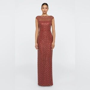 Theia Aura Copper Beaded Cap-Sleeve Column Gown